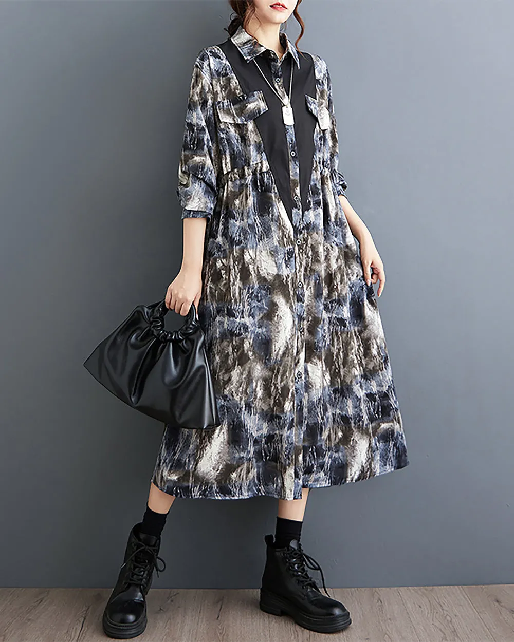 ellazhu Women's Shirt Dress Lapel Button Down Long Sleeve Flowy Hem Black and Blue Loose Fall GZ244
