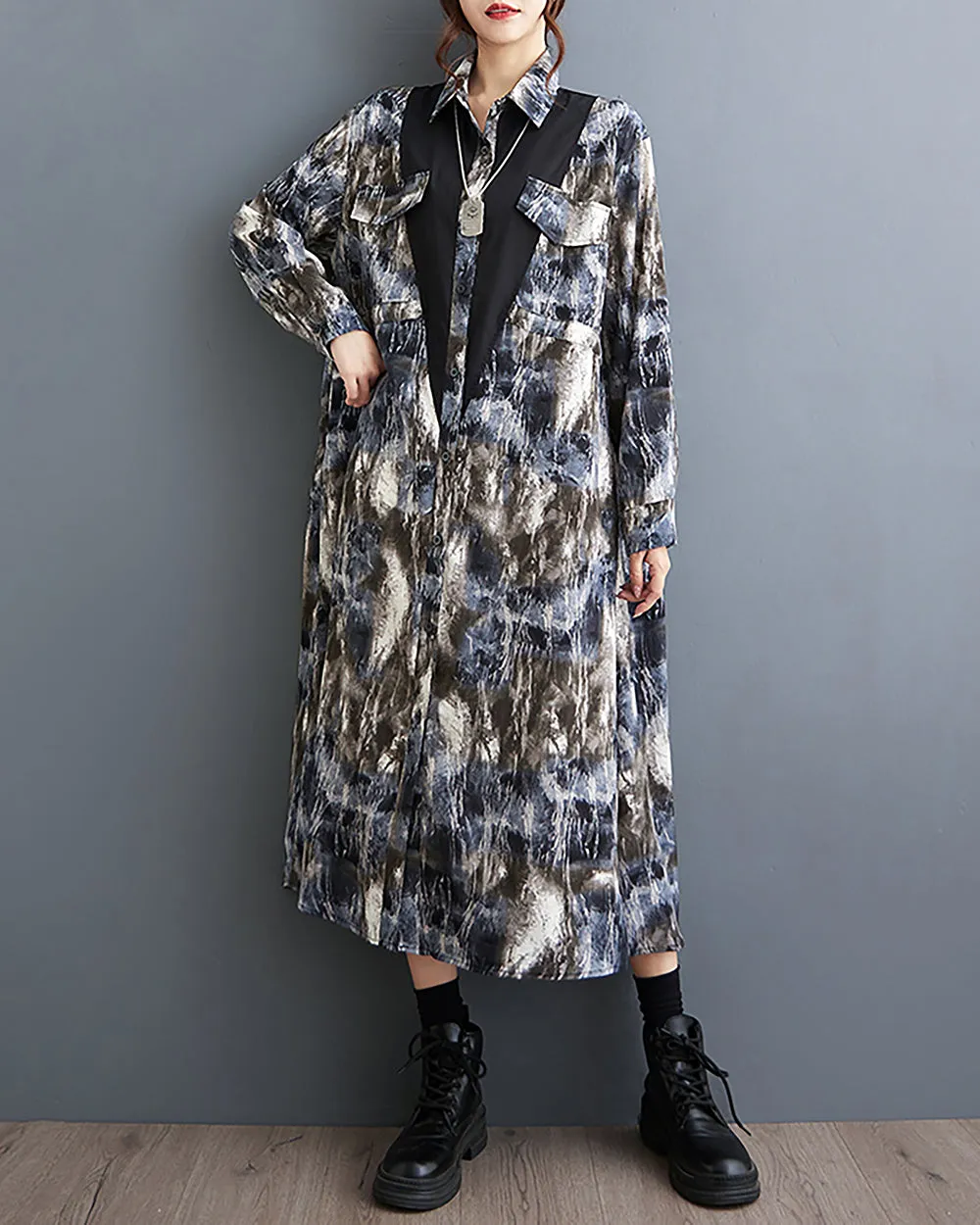 ellazhu Women's Shirt Dress Lapel Button Down Long Sleeve Flowy Hem Black and Blue Loose Fall GZ244