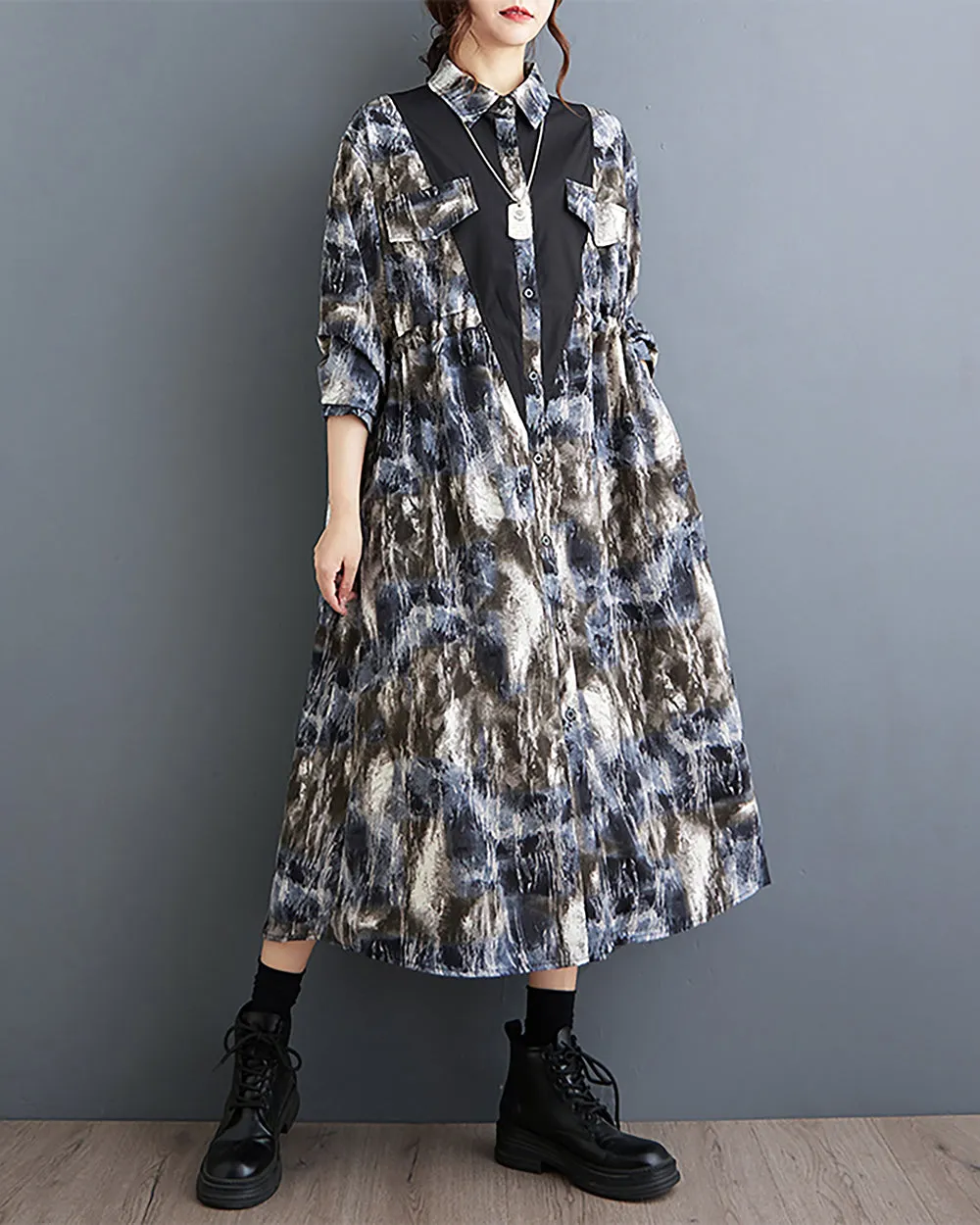 ellazhu Women's Shirt Dress Lapel Button Down Long Sleeve Flowy Hem Black and Blue Loose Fall GZ244