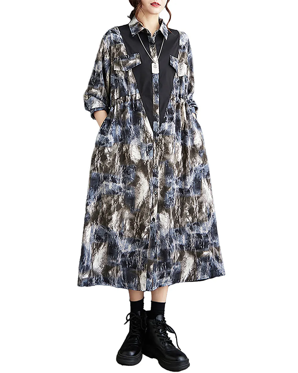 ellazhu Women's Shirt Dress Lapel Button Down Long Sleeve Flowy Hem Black and Blue Loose Fall GZ244