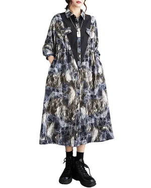 ellazhu Women's Shirt Dress Lapel Button Down Long Sleeve Flowy Hem Black and Blue Loose Fall GZ244