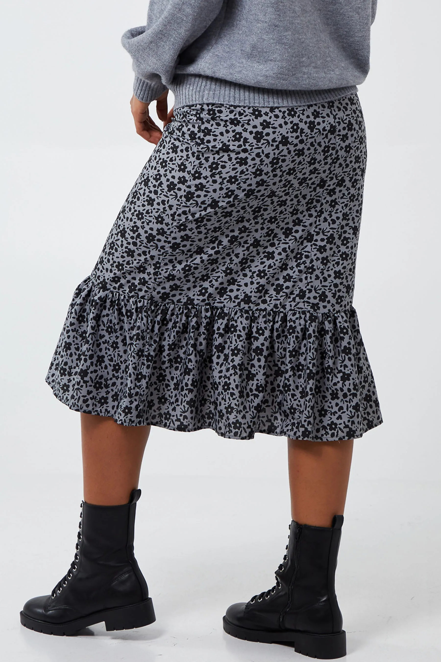 Floral Print Gathered Tiered Midi Skirt