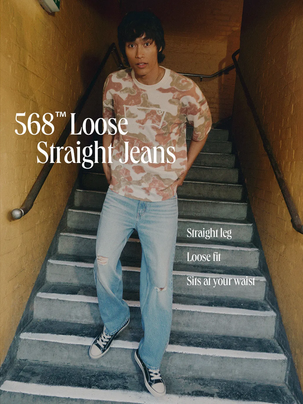 Men's 568 Navy Blue Loose Straight Mid Rise Jeans