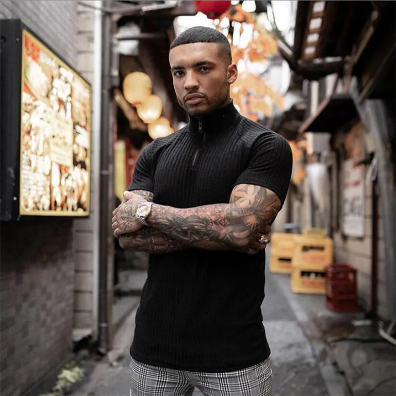Mock Neck Zipper Elastic Breathable Polo Shirt