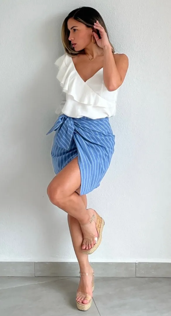 Pretty Charming in Blue Stripes Asymmetrical Skirt