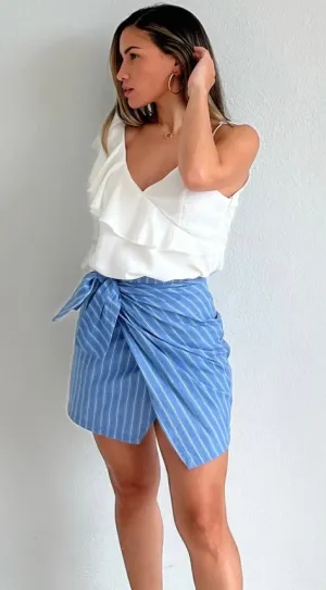 Pretty Charming in Blue Stripes Asymmetrical Skirt