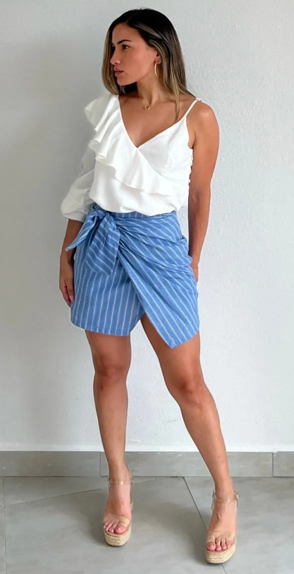 Pretty Charming in Blue Stripes Asymmetrical Skirt