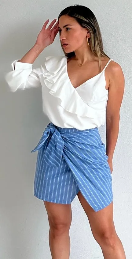 Pretty Charming in Blue Stripes Asymmetrical Skirt
