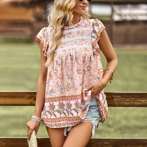 Printed Loose Elegant Short Sleeve Bohemian Blouses Wholesale Women'S Tops
