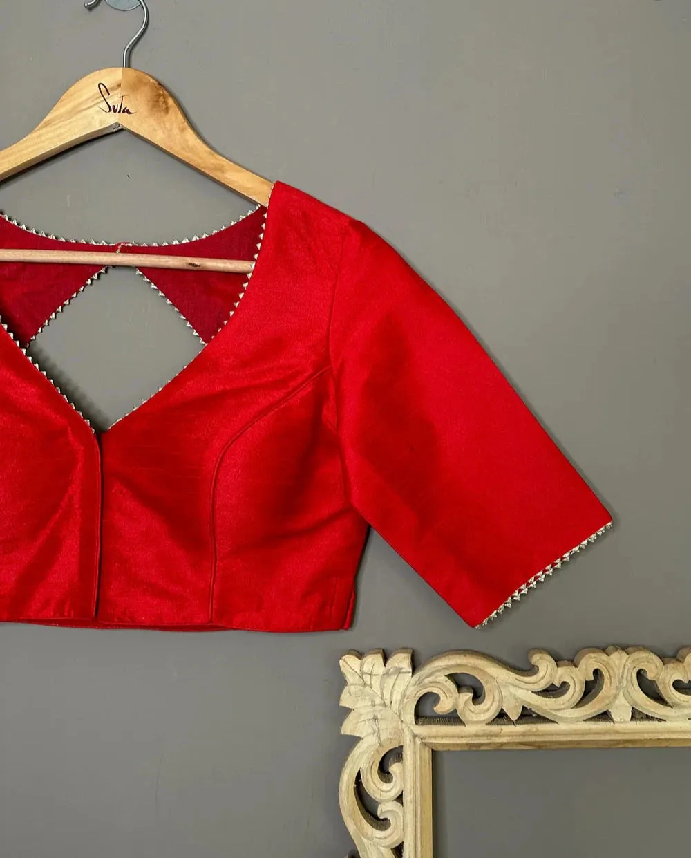 Readymade Art Silk V Neck Red Elbow Length Blouse