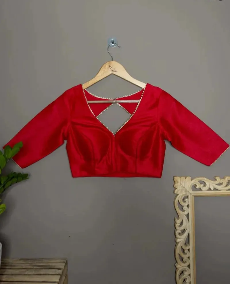 Readymade Art Silk V Neck Red Elbow Length Blouse