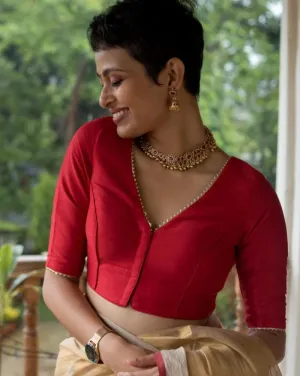 Readymade Art Silk V Neck Red Elbow Length Blouse