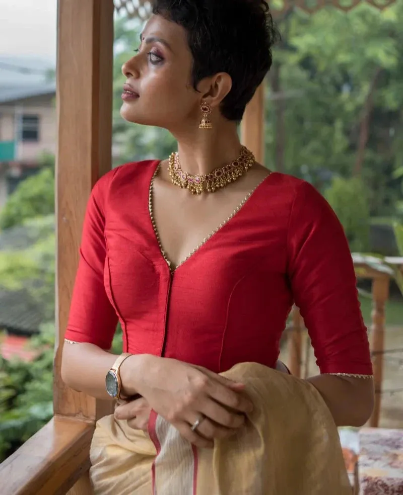 Readymade Art Silk V Neck Red Elbow Length Blouse