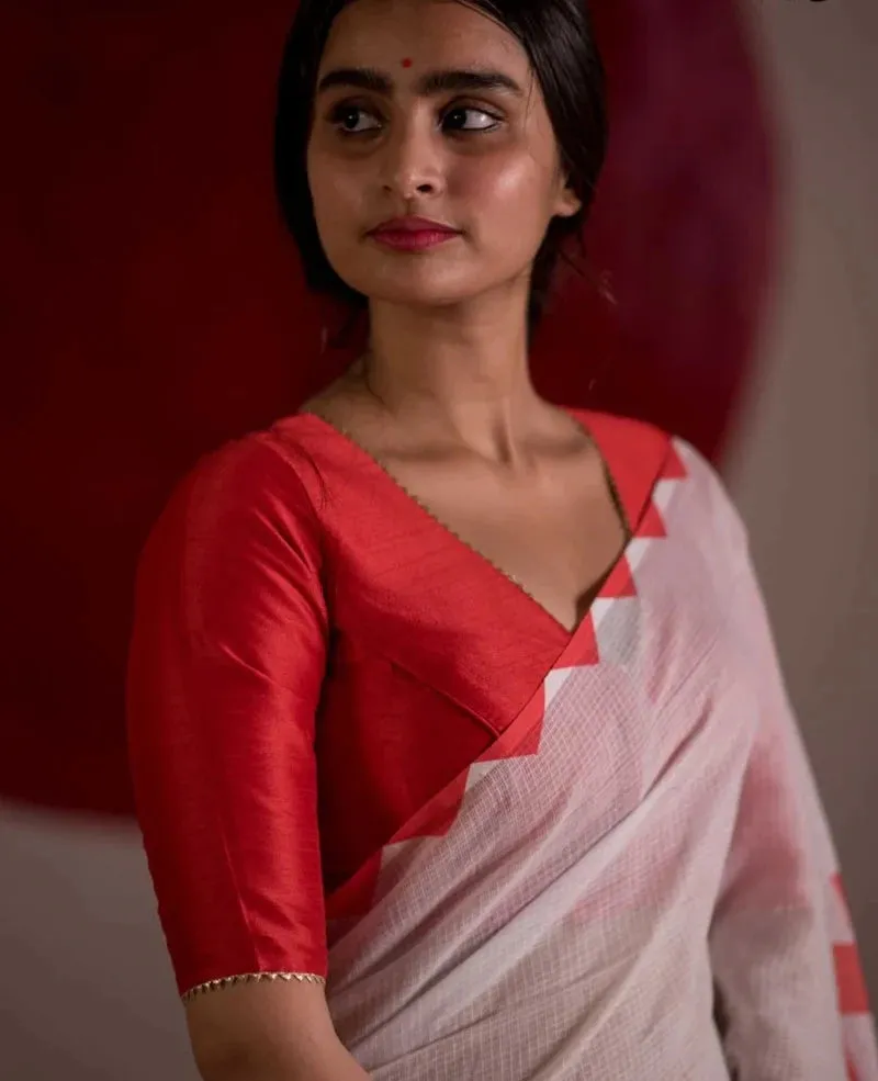 Readymade Art Silk V Neck Red Elbow Length Blouse