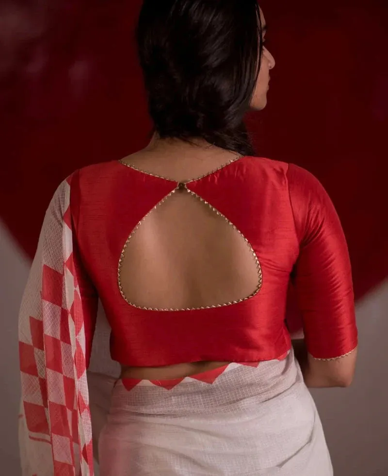 Readymade Art Silk V Neck Red Elbow Length Blouse