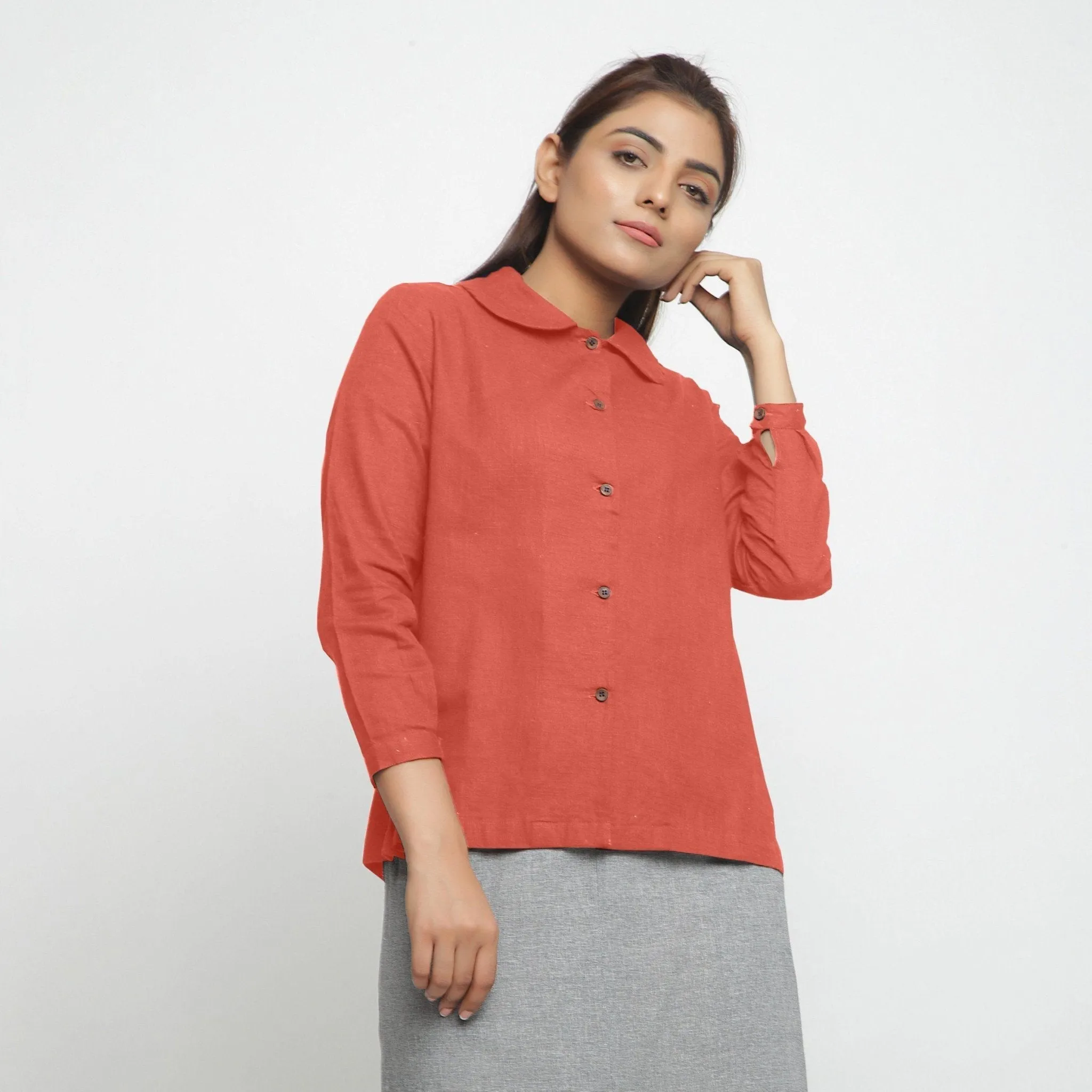 Red 100% Cotton Peter Pan Button-Down Shirt