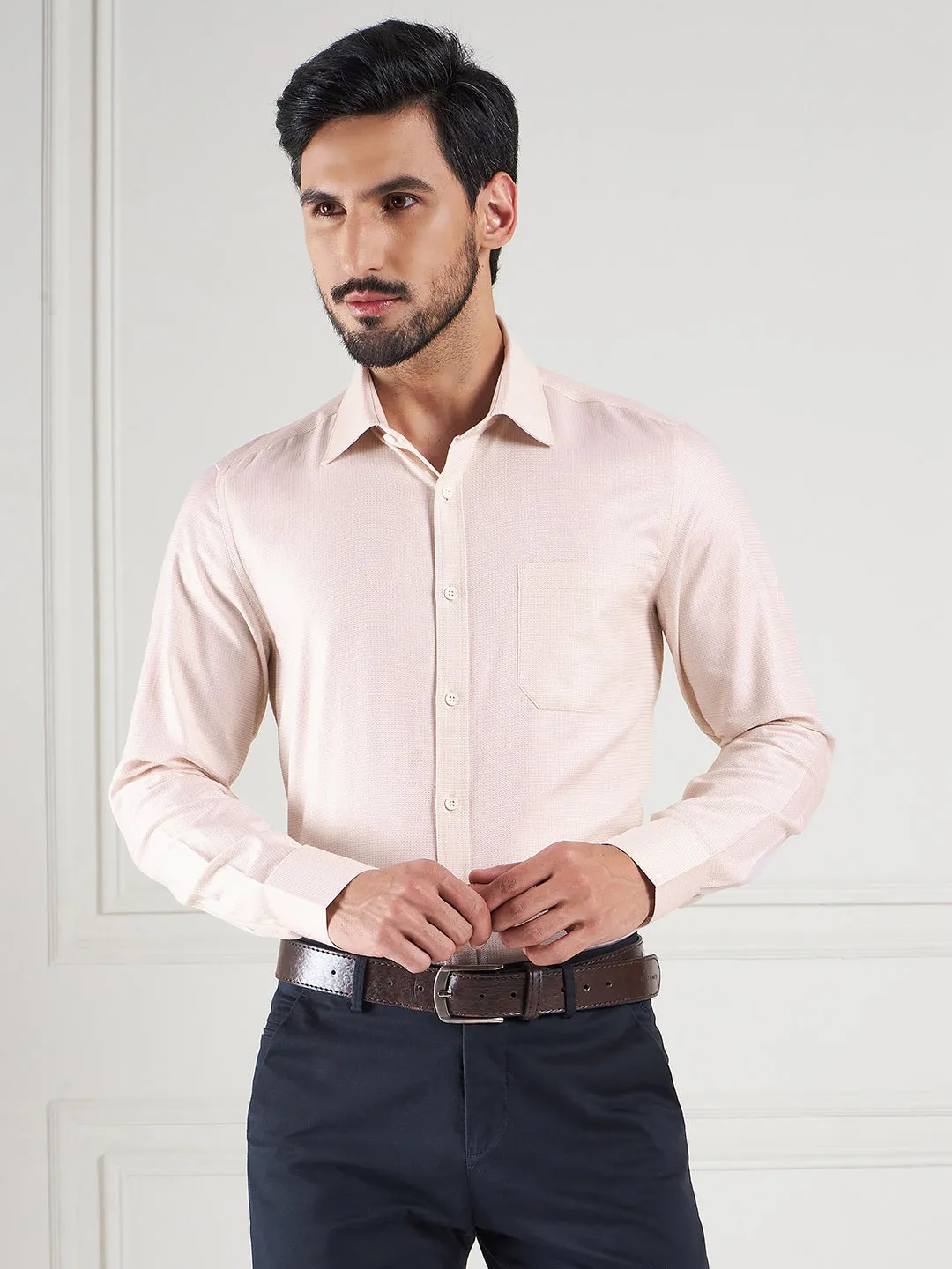 Regular Fit Geometric Cream Shirt For Men