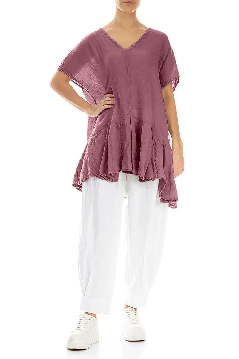 Ruffled Mauve Taupe Gauze Linen Blouse