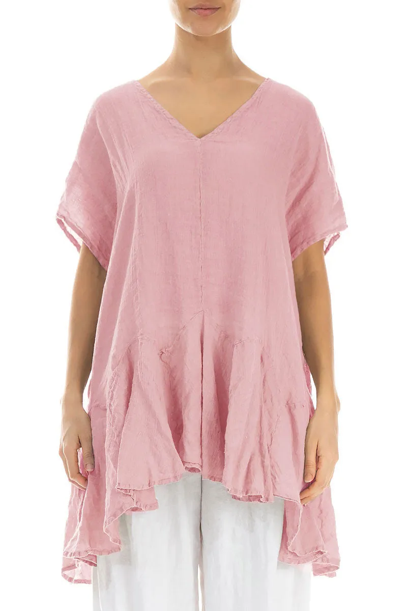 Ruffled Powder Pink Gauze Linen Blouse