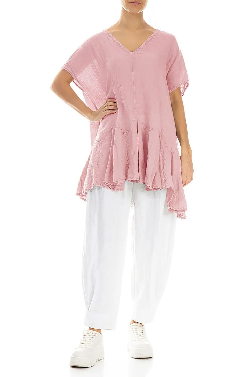 Ruffled Powder Pink Gauze Linen Blouse