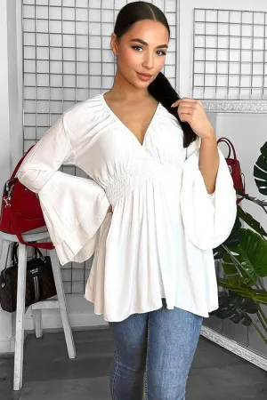 Shirrred Waist Deep V-Neck Blouse