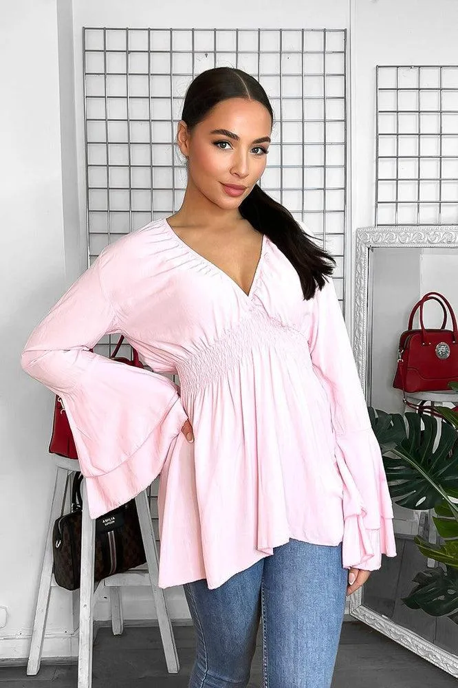Shirrred Waist Deep V-Neck Blouse