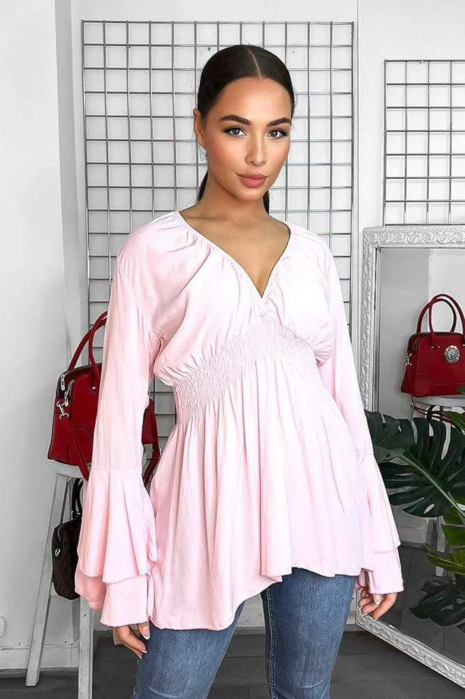 Shirrred Waist Deep V-Neck Blouse
