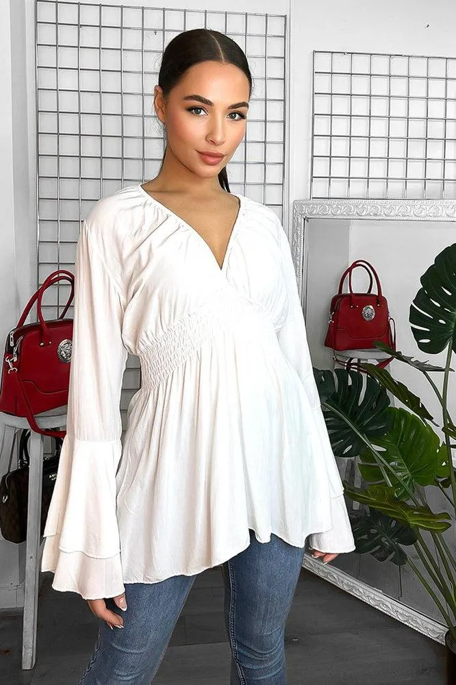 Shirrred Waist Deep V-Neck Blouse