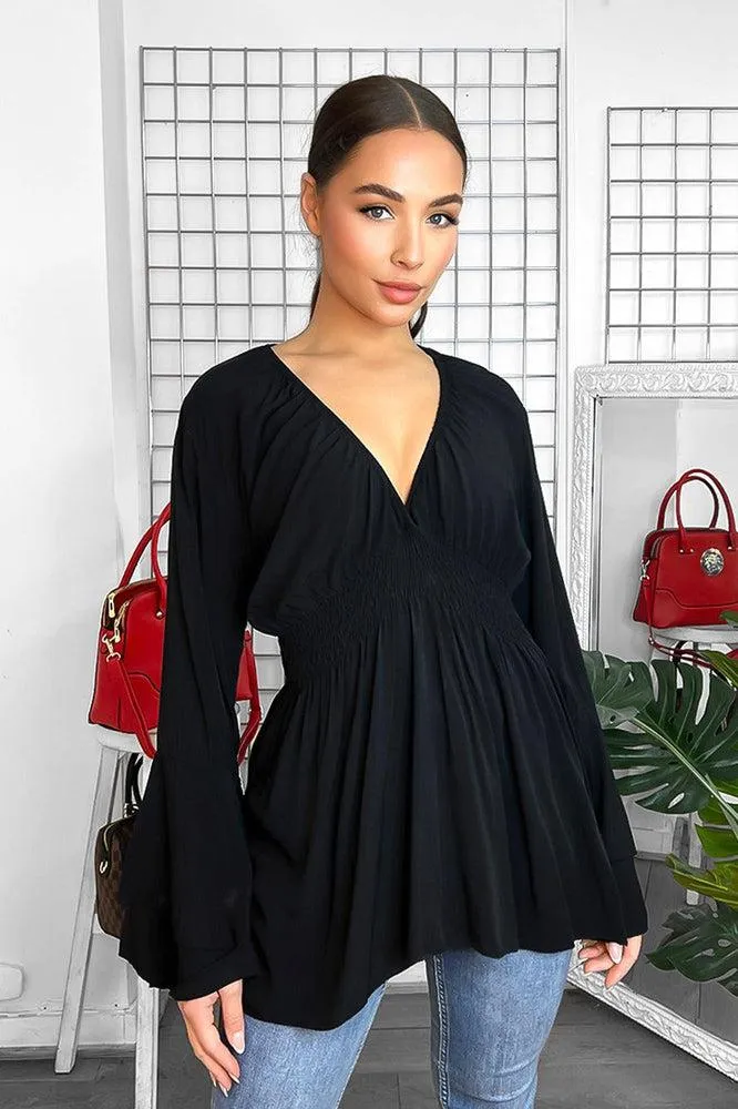 Shirrred Waist Deep V-Neck Blouse