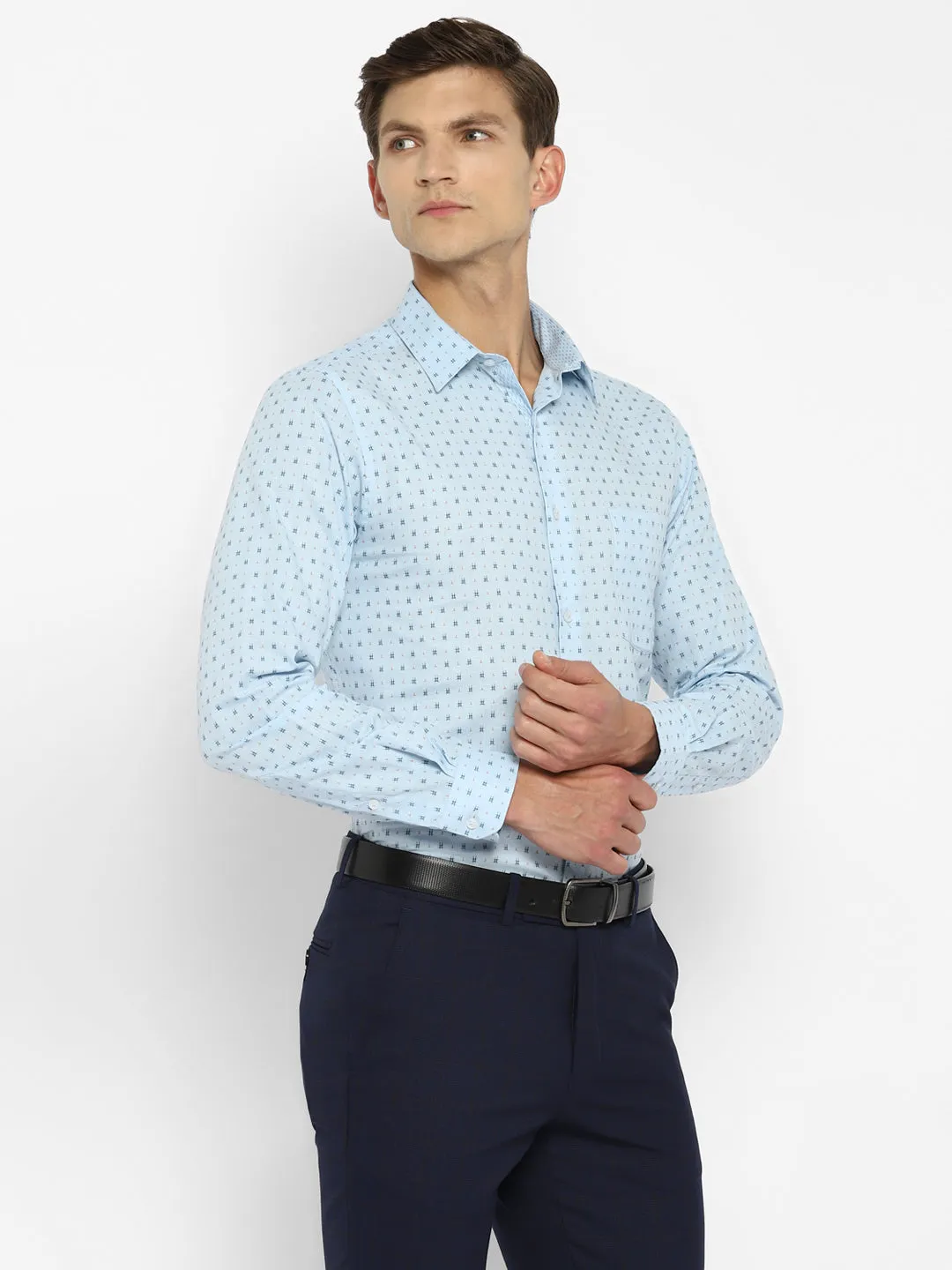 Sky Blue Linen Printed Slim Fit Shirts