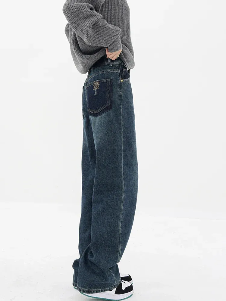 Streetwear American Style Fashion Wide Leg Denim Jeans - Blue