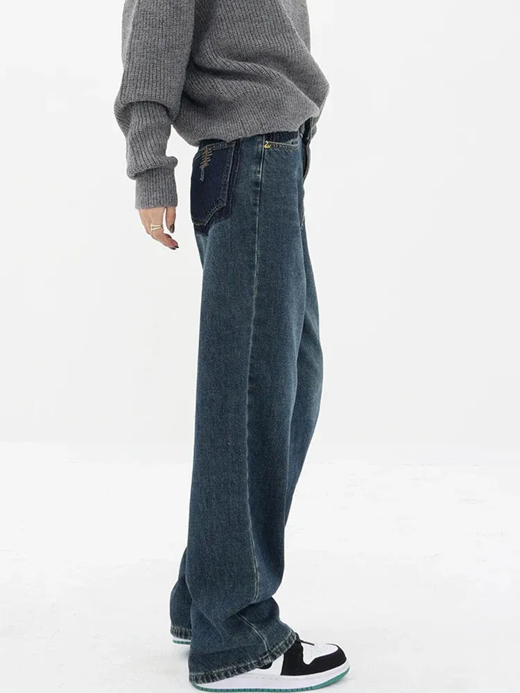Streetwear American Style Fashion Wide Leg Denim Jeans - Blue