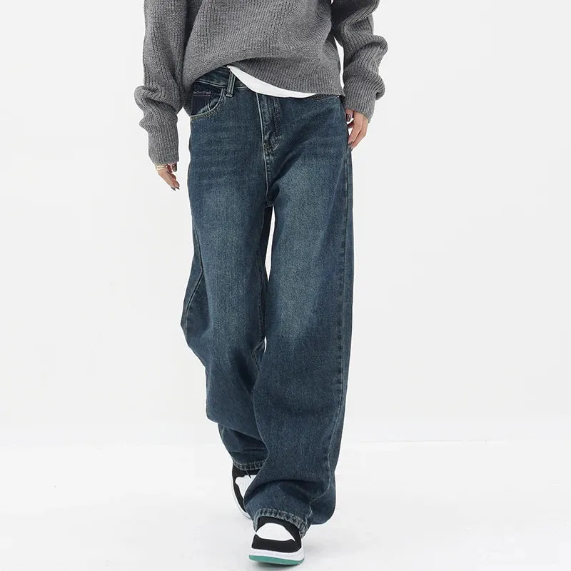 Streetwear American Style Fashion Wide Leg Denim Jeans - Blue