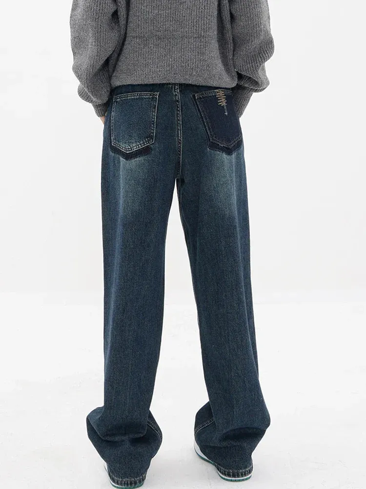 Streetwear American Style Fashion Wide Leg Denim Jeans - Blue