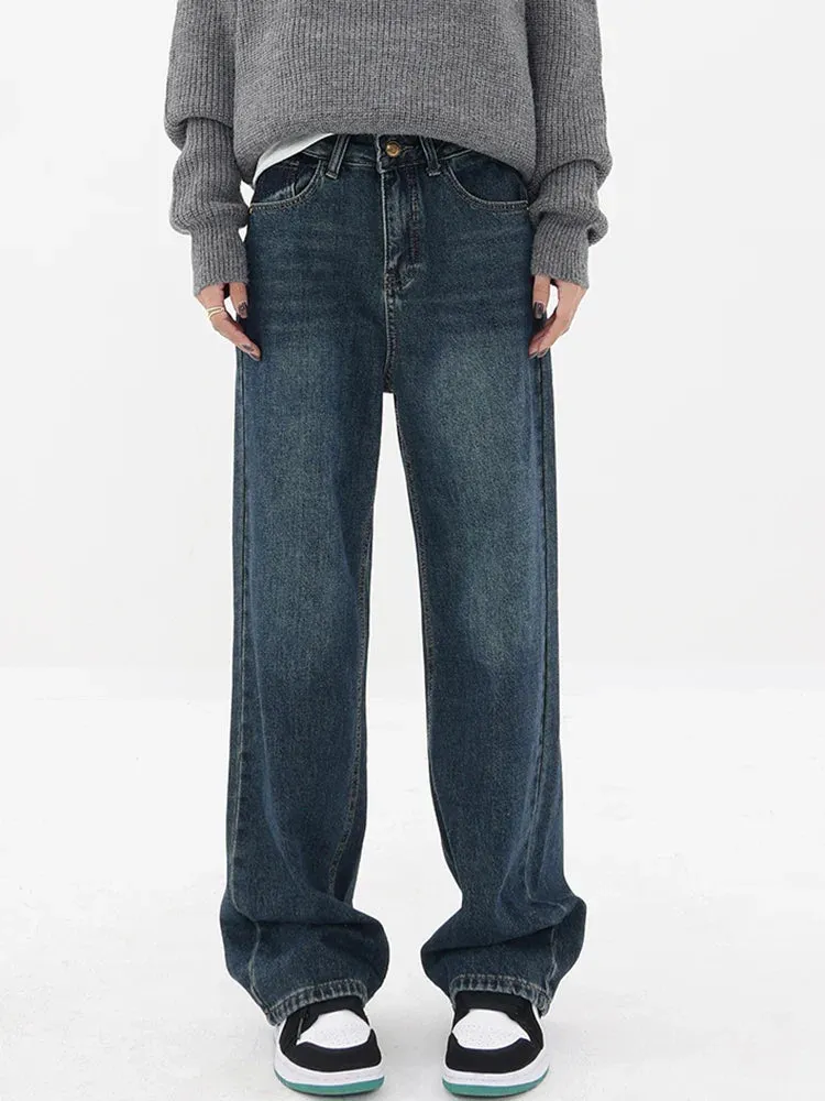 Streetwear American Style Fashion Wide Leg Denim Jeans - Blue