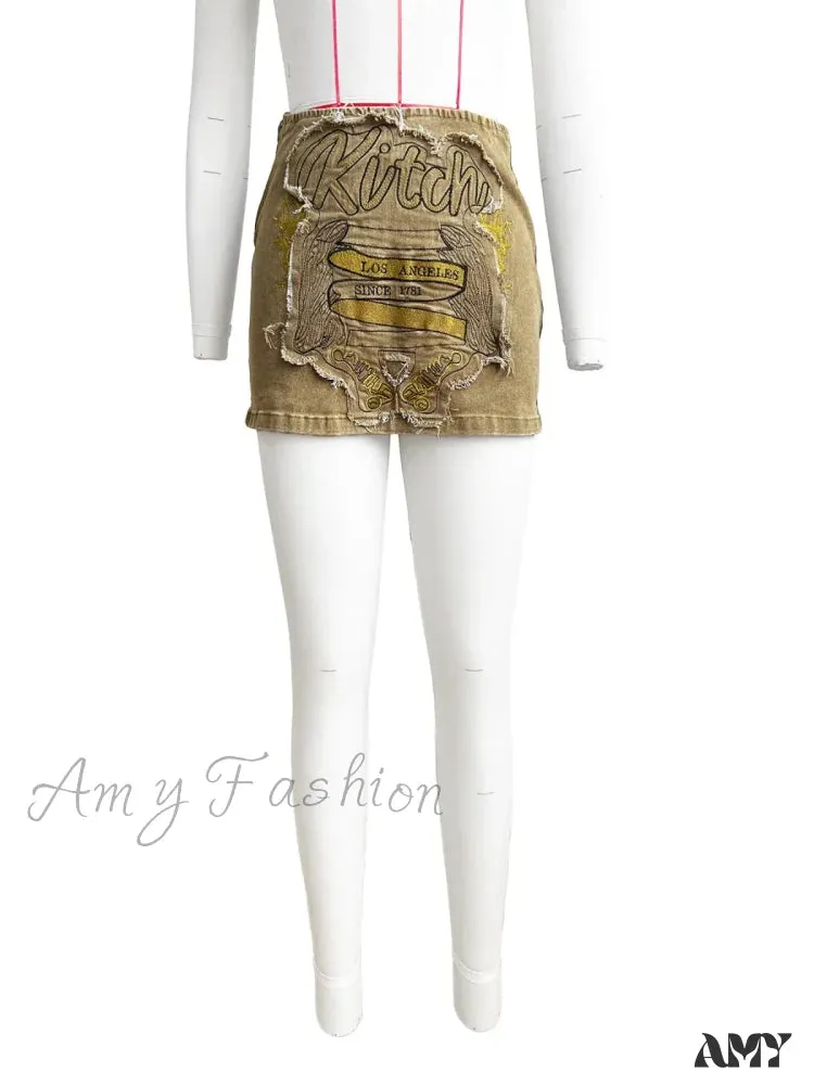 Summer Charming Mini Denim Mid Waist Embroidery Ripped Casual Brown Skirt
