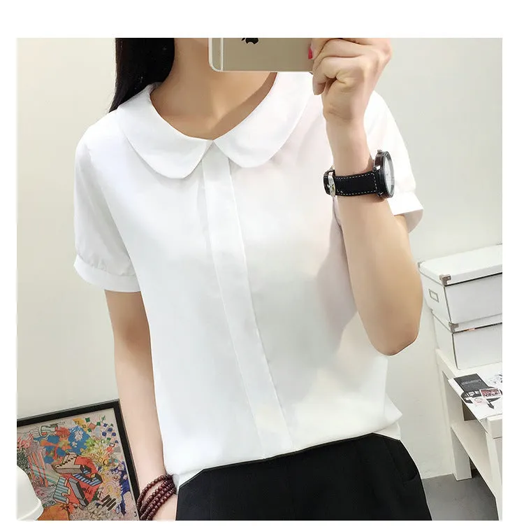 Summer White Chiffon Short Sleeve Blouse College Korean Round-Neck Slim Look Solid Colored Shirt Women Blouse