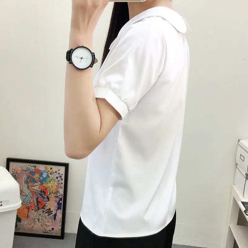 Summer White Chiffon Short Sleeve Blouse College Korean Round-Neck Slim Look Solid Colored Shirt Women Blouse