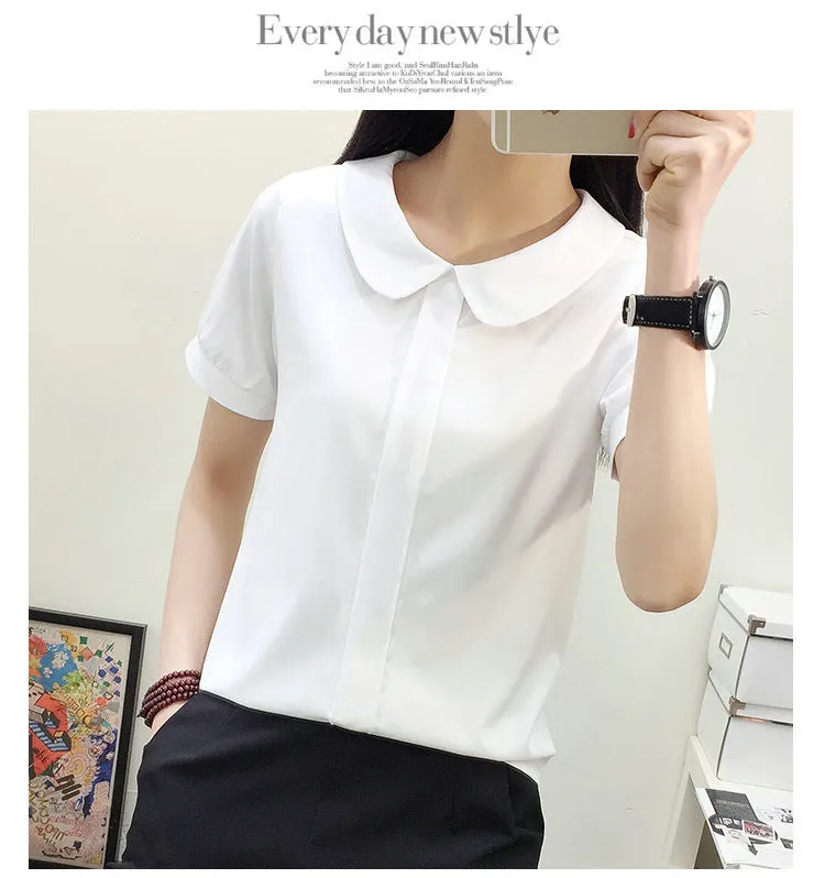 Summer White Chiffon Short Sleeve Blouse College Korean Round-Neck Slim Look Solid Colored Shirt Women Blouse