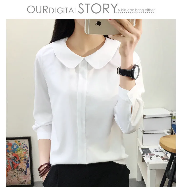 Summer White Chiffon Short Sleeve Blouse College Korean Round-Neck Slim Look Solid Colored Shirt Women Blouse