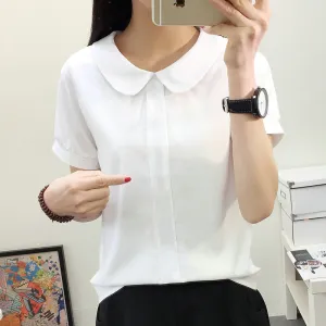 Summer White Chiffon Short Sleeve Blouse College Korean Round-Neck Slim Look Solid Colored Shirt Women Blouse