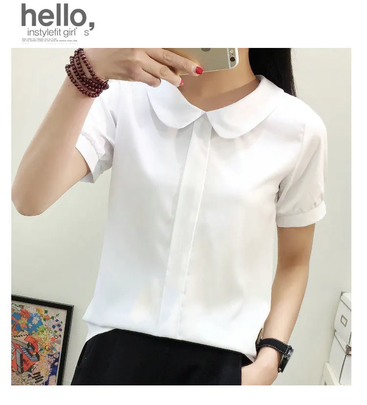 Summer White Chiffon Short Sleeve Blouse College Korean Round-Neck Slim Look Solid Colored Shirt Women Blouse
