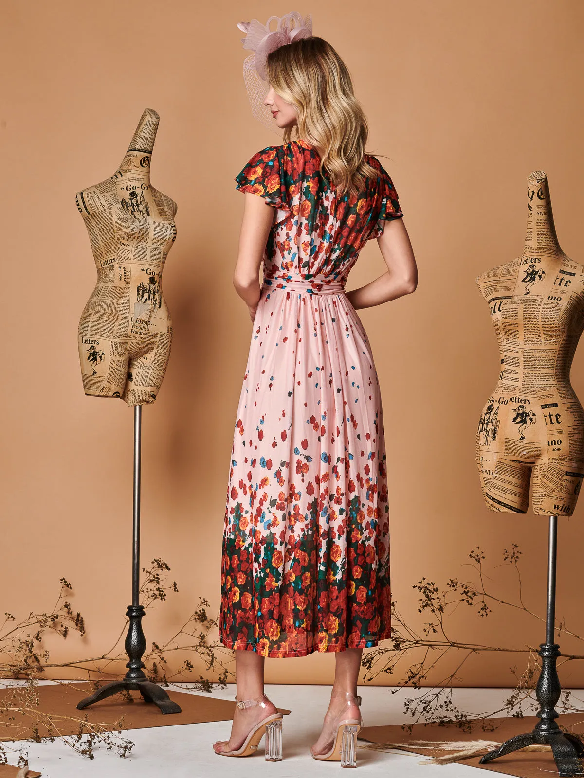 Symmetrical Floral Print Mesh Maxi Dress, Coral Pink