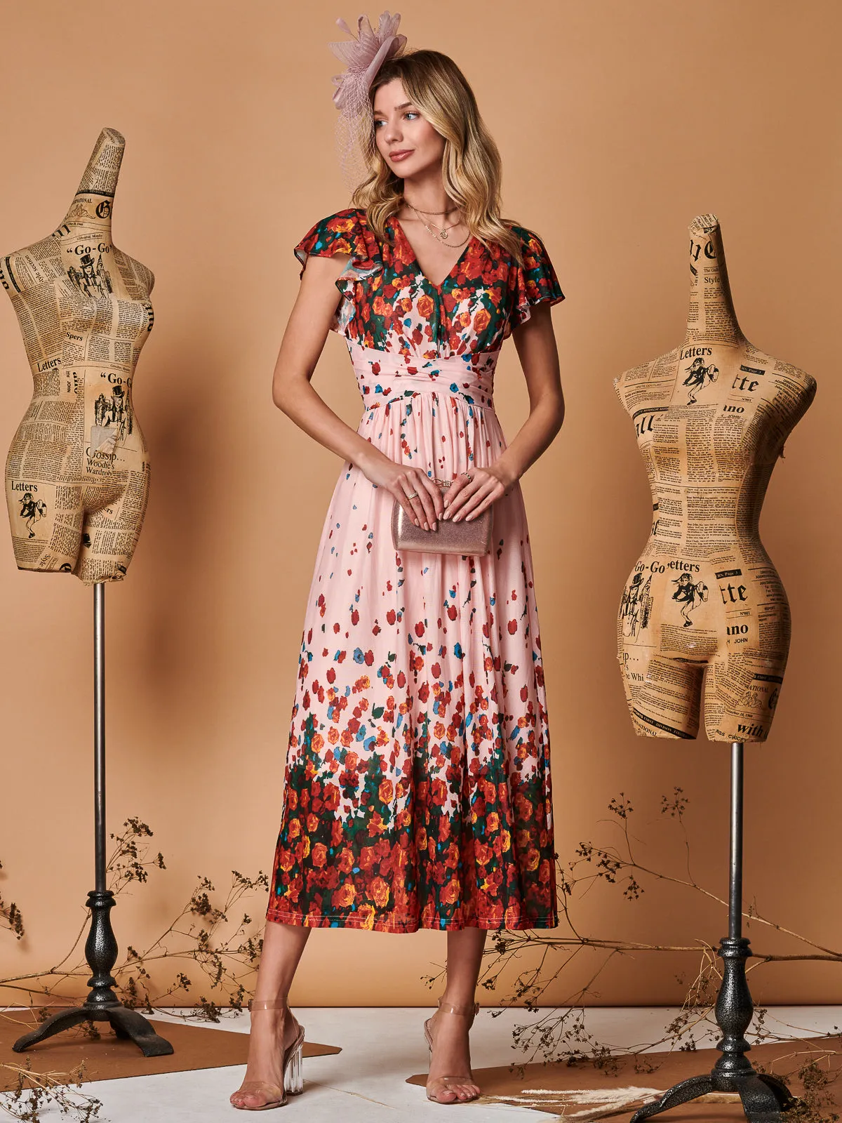 Symmetrical Floral Print Mesh Maxi Dress, Coral Pink