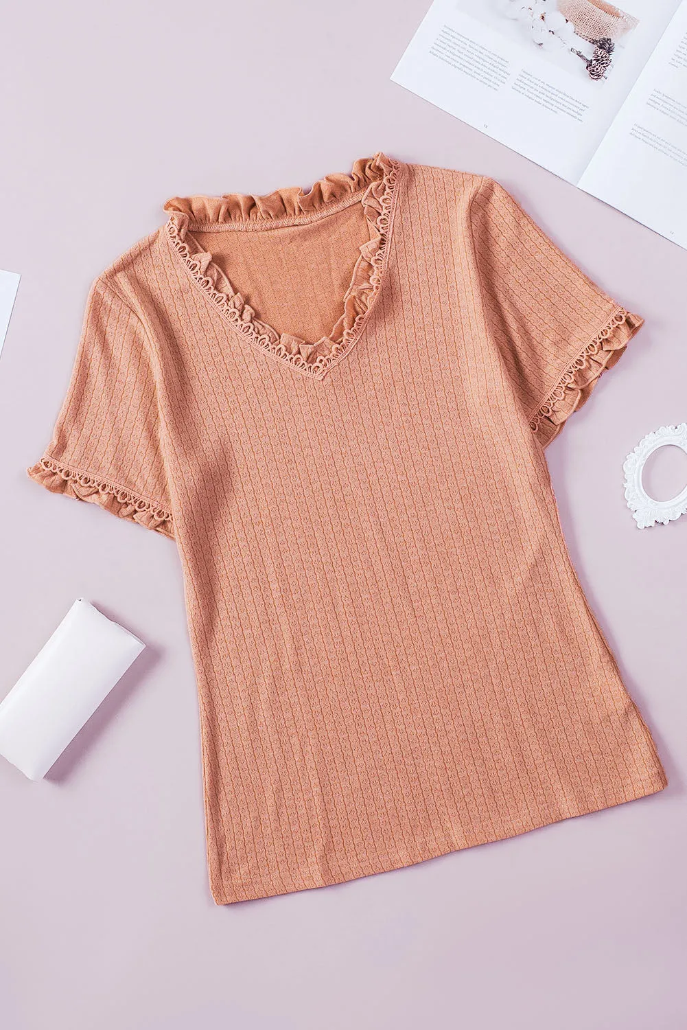 Textured V-Neck Flounce Sleeve Blouse