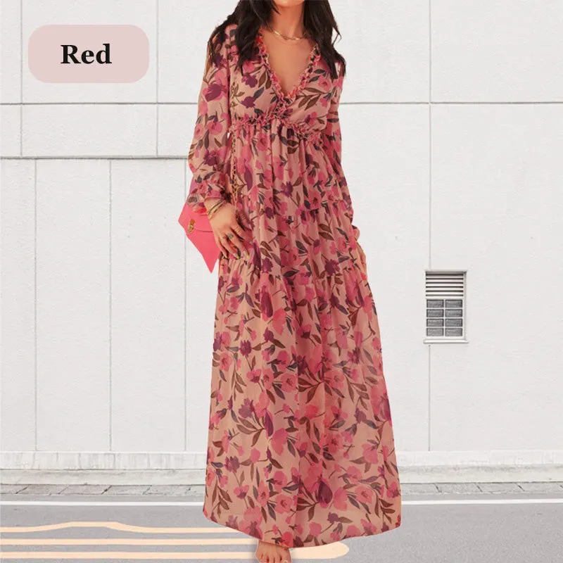 💞The best gift💞Women's Floral V-Neck Long Sleeve Flowy Dress