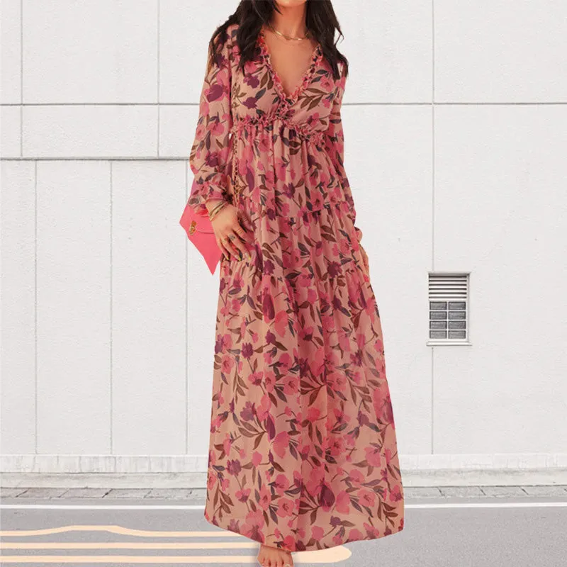 💞The best gift💞Women's Floral V-Neck Long Sleeve Flowy Dress