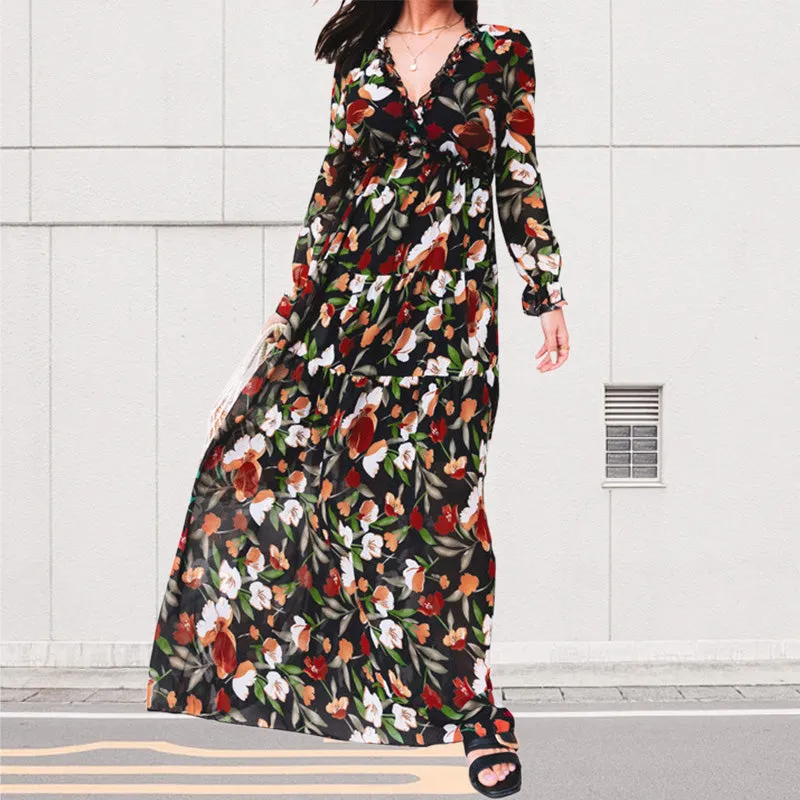 💞The best gift💞Women's Floral V-Neck Long Sleeve Flowy Dress
