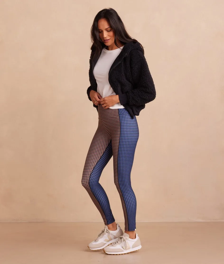 The Colorblocked High Rise 7/8 Legging - Gingham in Blue Mountain & Toffee