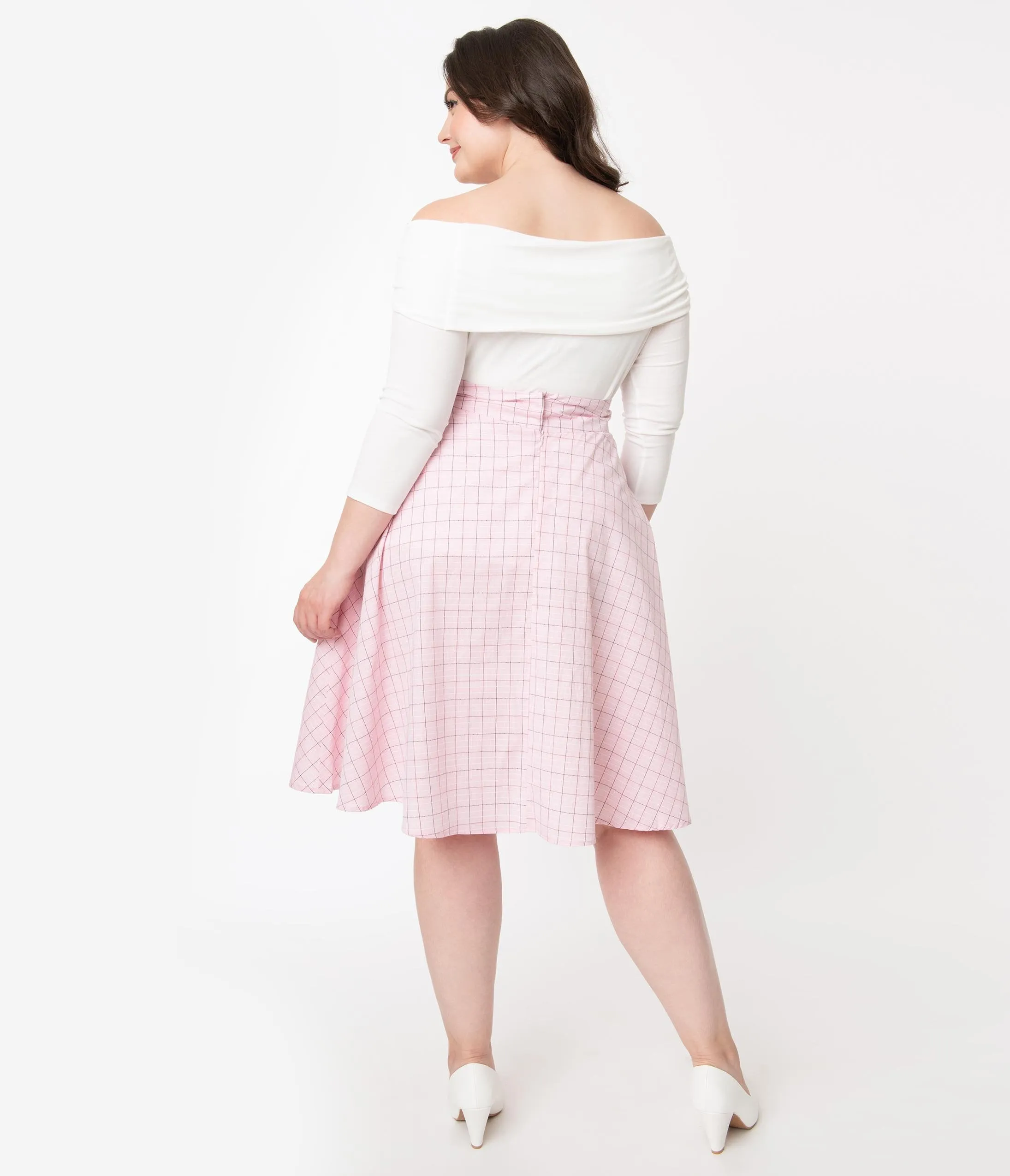 Unique Vintage Plus Size Retro Pink Checkered Vivien Swing Skirt